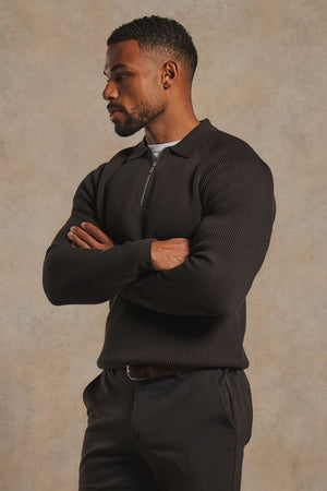 Cotton Textured Knitted Half Zip Polo Shirt in Chocolate
