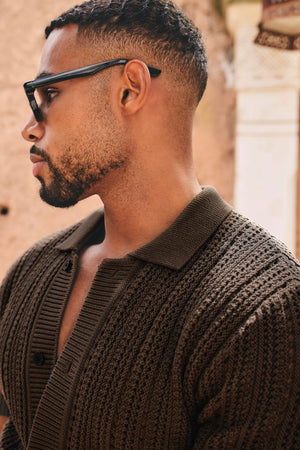 Vertical Stripe Crochet Knitted Shirt in Chocolate