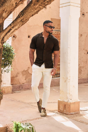 Vertical Stripe Crochet Knitted Shirt in Chocolate