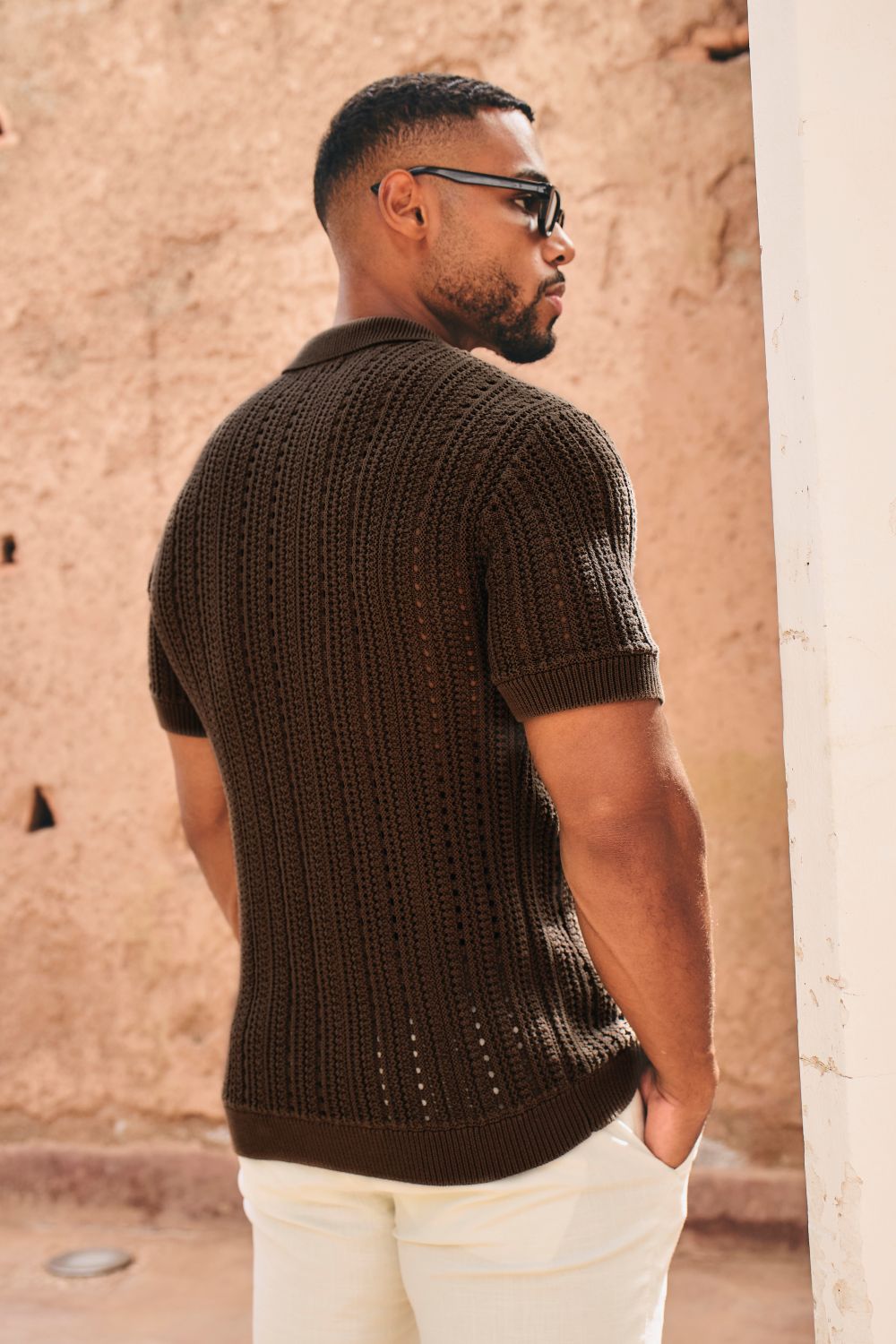 Vertical Stripe Crochet Knitted Shirt in Chocolate
