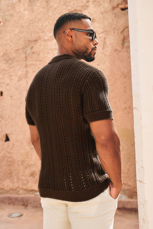 Vertical Stripe Crochet Knitted Shirt in Chocolate