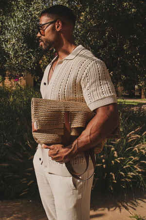 Vertical Stripe Crochet Knitted Shirt in Neutral