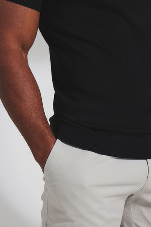 Extra Fine Merino Wool Knitted Open Collar Polo Shirt in Black