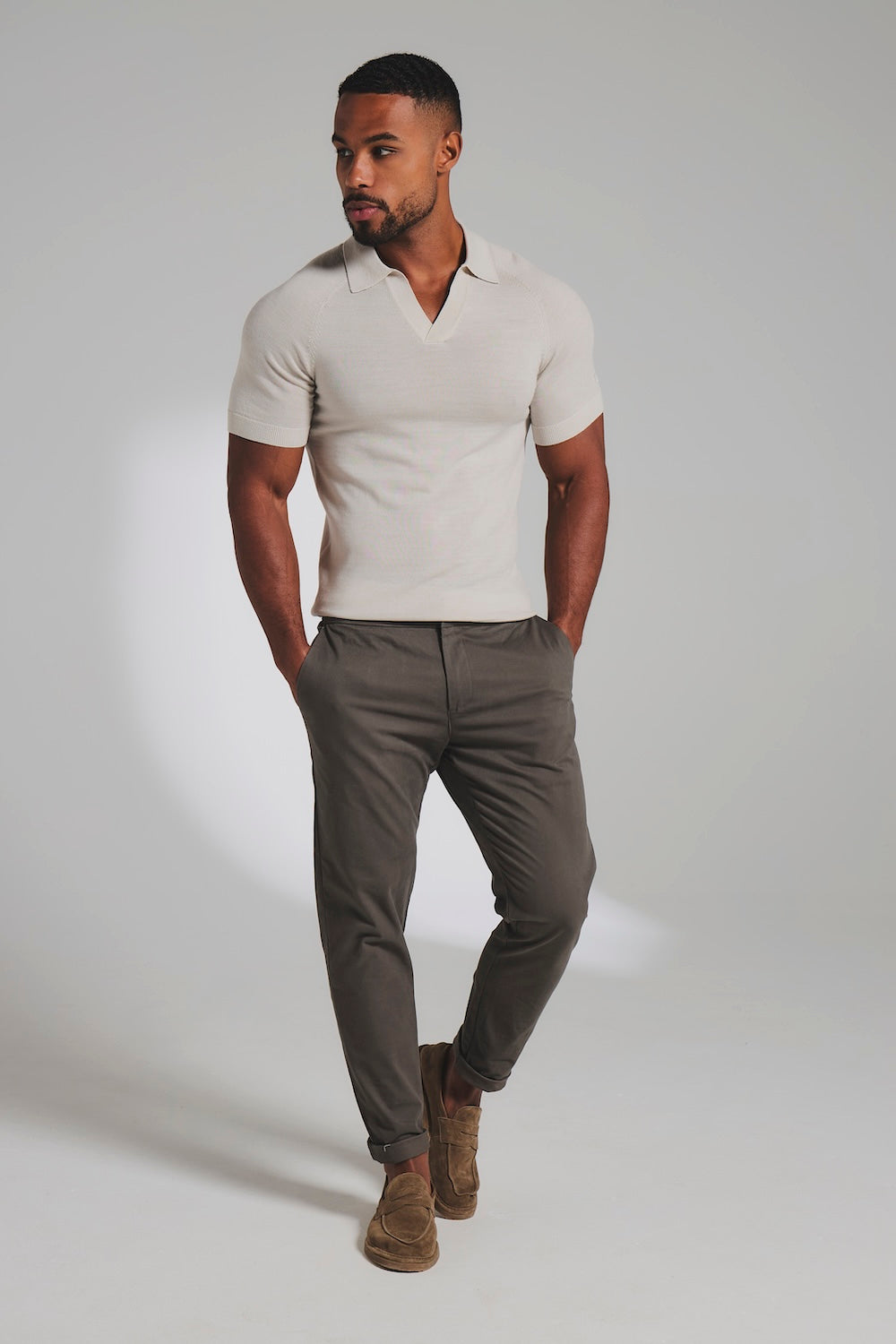 Extra Fine Merino Wool Knitted Open Collar Polo Shirt in Alabaster