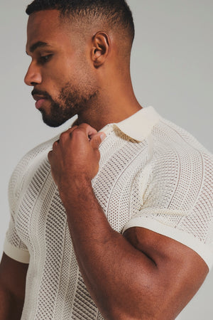 Textured Knitted Zip Neck Polo Shirt In Chalk