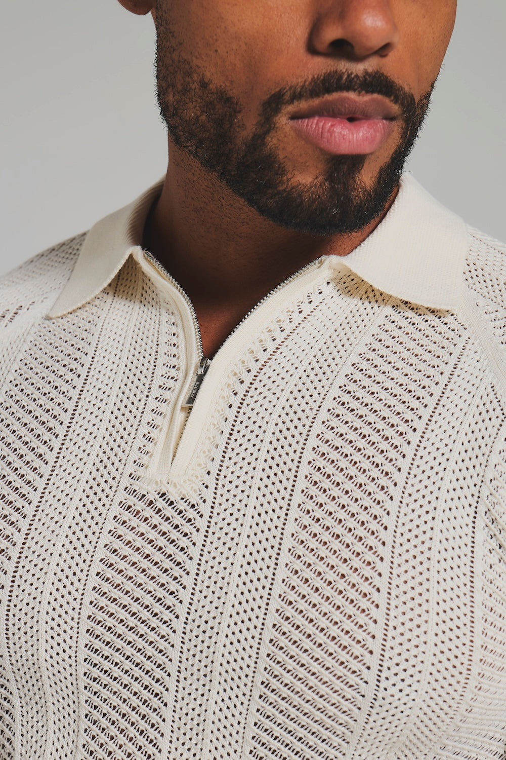 Textured Knitted Zip Neck Polo Shirt In Chalk