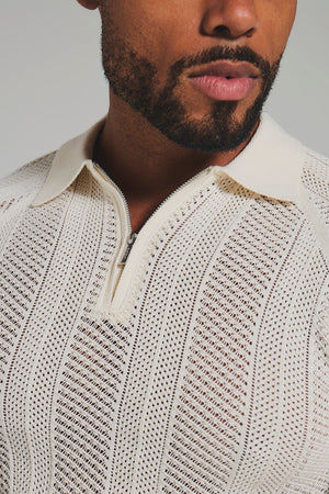 Textured Knitted Zip Neck Polo Shirt In Chalk