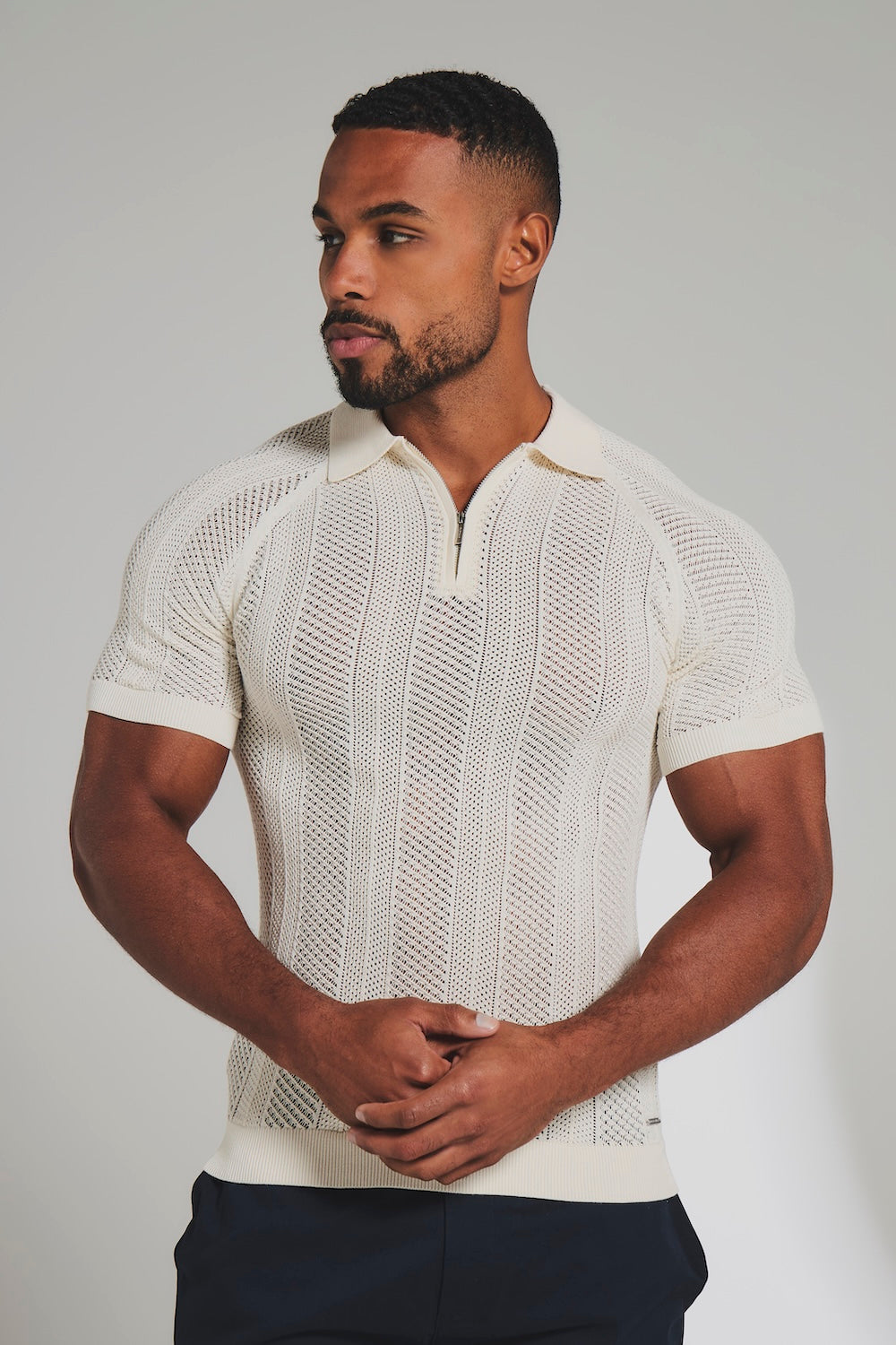 Textured Knitted Zip Neck Polo Shirt In Chalk