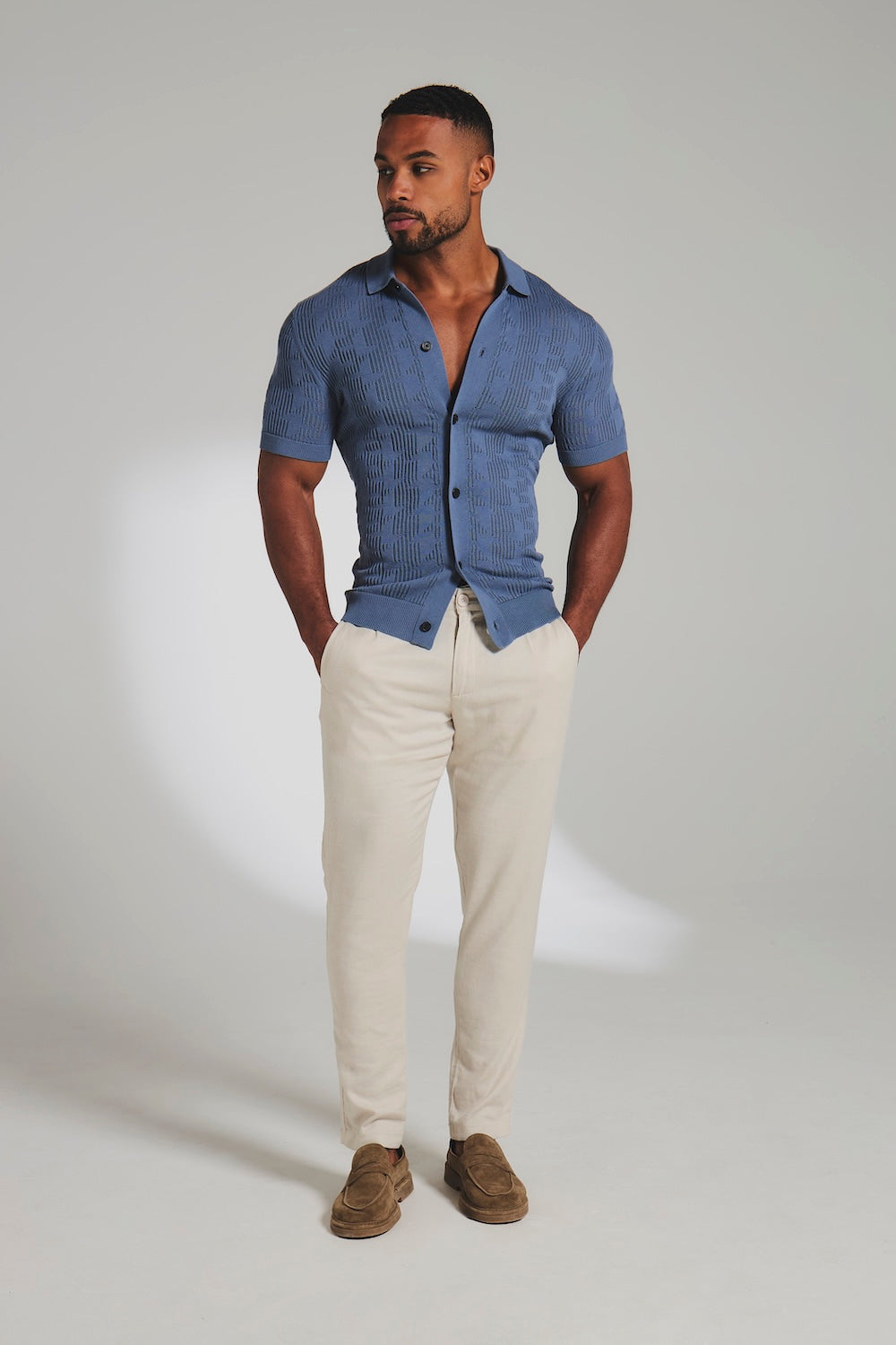 Geo Crochet Knitted Shirt in Slate Blue