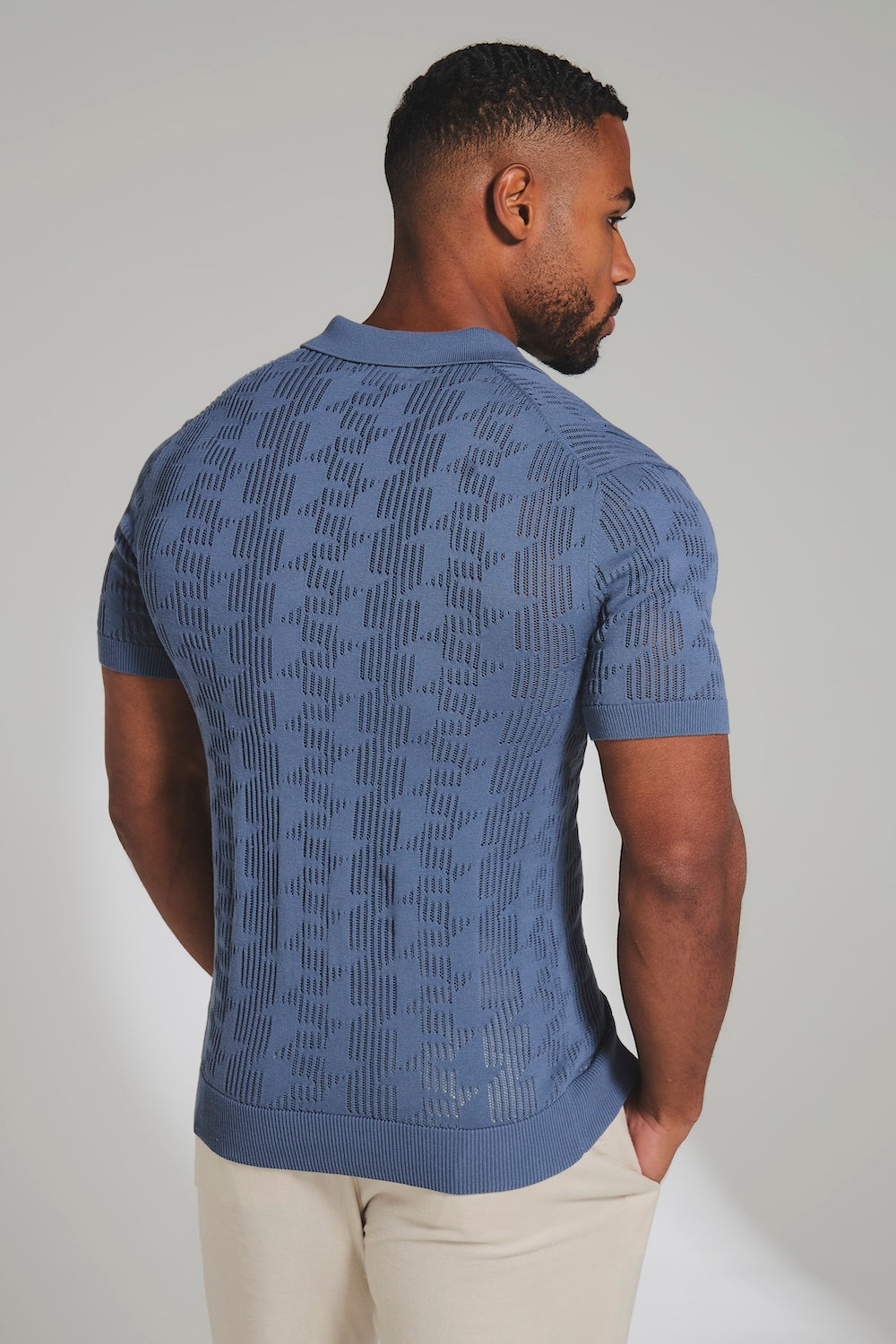 Geo Crochet Knitted Shirt in Slate Blue