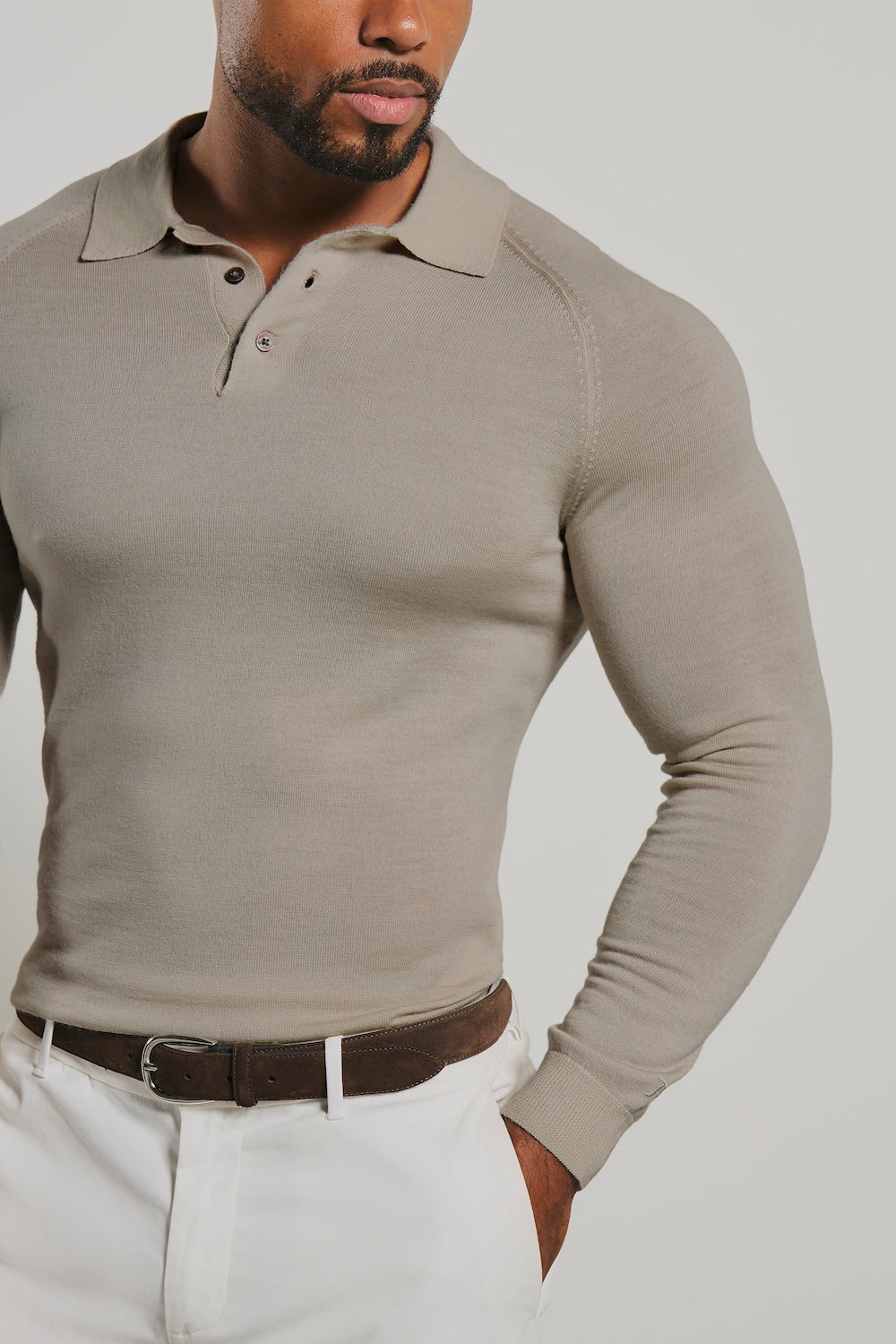 Extra Fine Merino Wool Polo Shirt in Neutral Marl