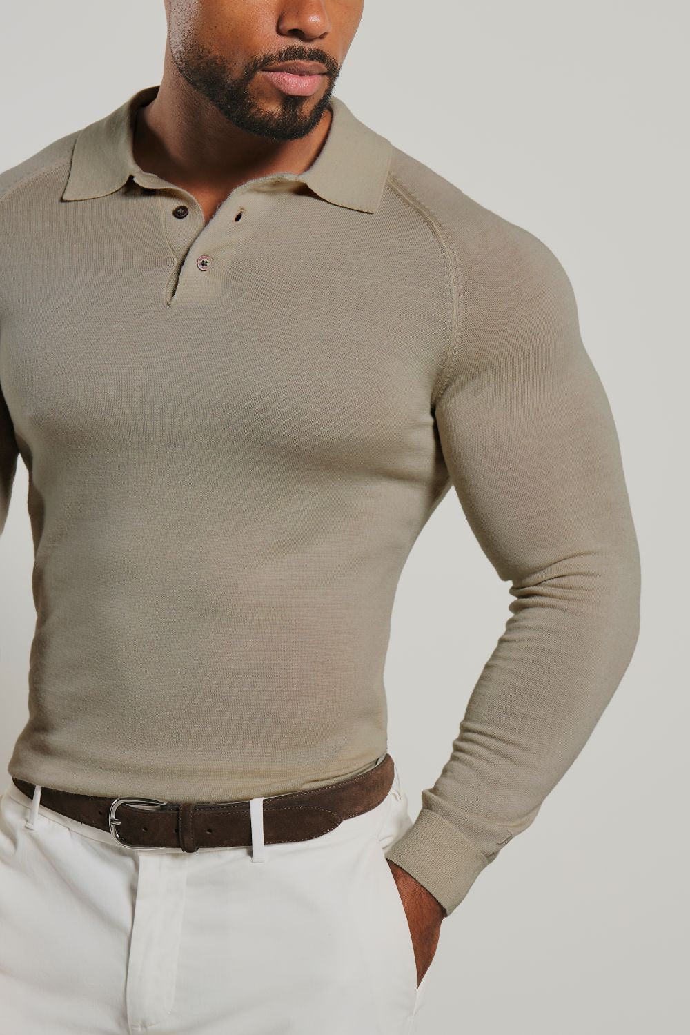 Extra Fine Merino Wool Polo Shirt in Neutral Marl