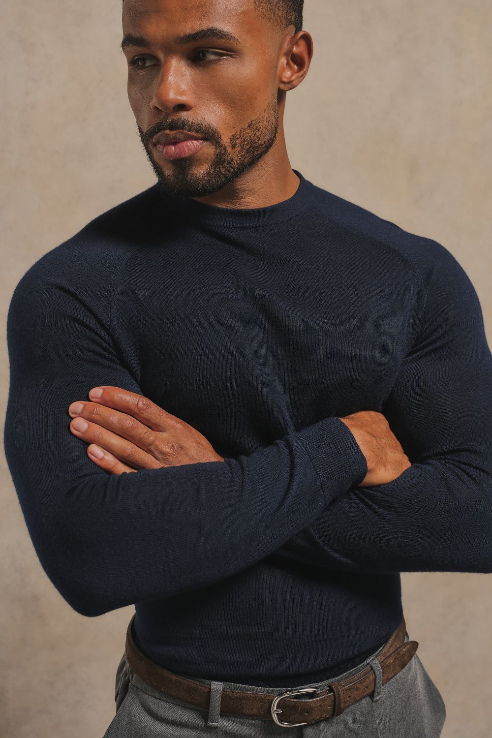 Extra Fine Merino Wool Crew Neck Jumper in Navy