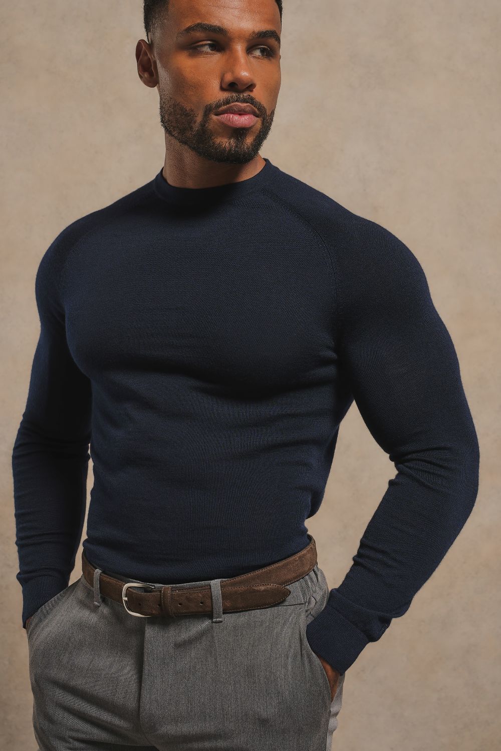 Extra Fine Merino Wool Crew Neck Jumper in Navy