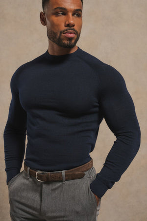 Extra Fine Merino Wool Crew Neck Jumper in Navy