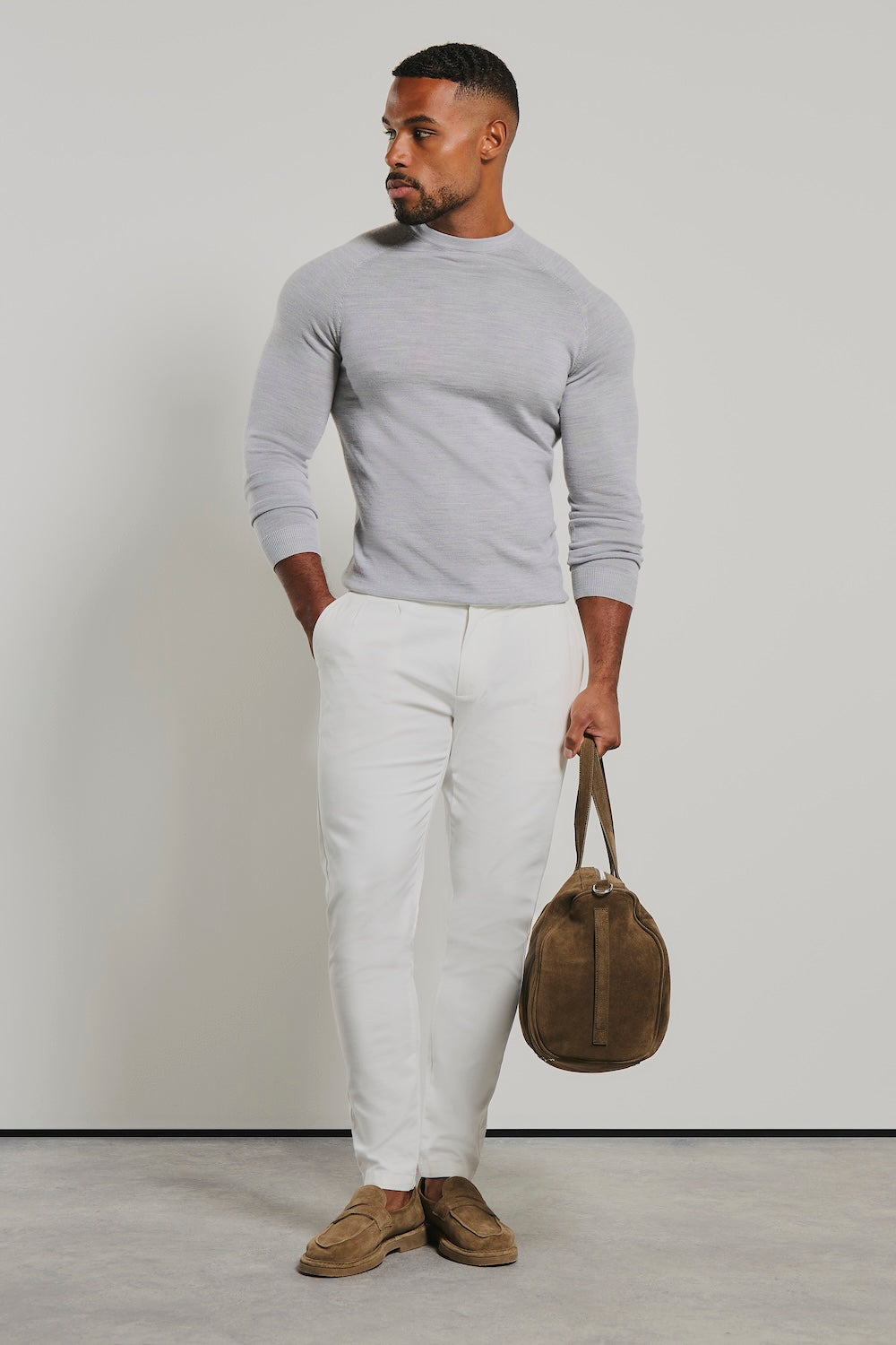 Extra Fine Merino Wool Crew Neck Jumper in Silver Grey Marl