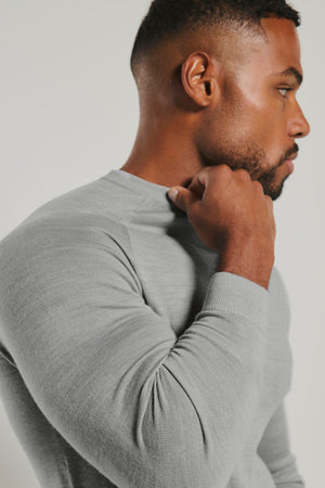 Extra Fine Merino Wool Crew Neck Jumper in Silver Grey Marl
