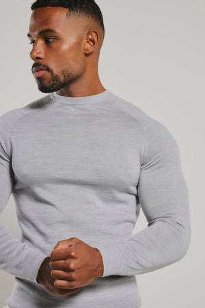Extra Fine Merino Wool Crew Neck Jumper in Silver Grey Marl