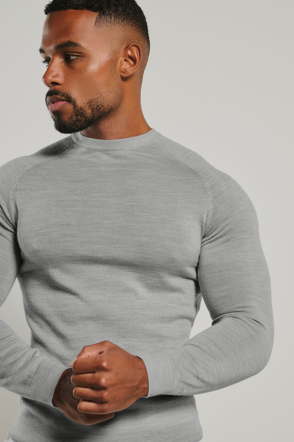 Extra Fine Merino Wool Crew Neck Jumper in Silver Grey Marl