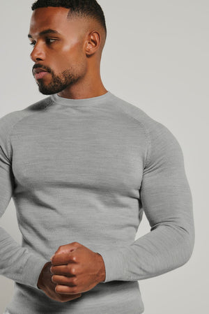 Extra Fine Merino Wool Crew Neck Jumper in Silver Grey Marl