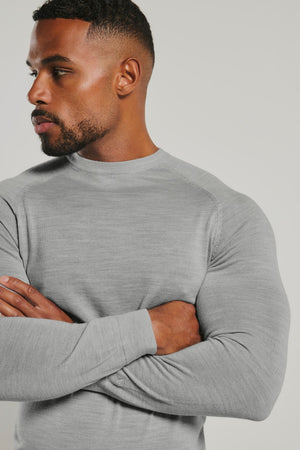 Extra Fine Merino Wool Crew Neck Jumper in Silver Grey Marl