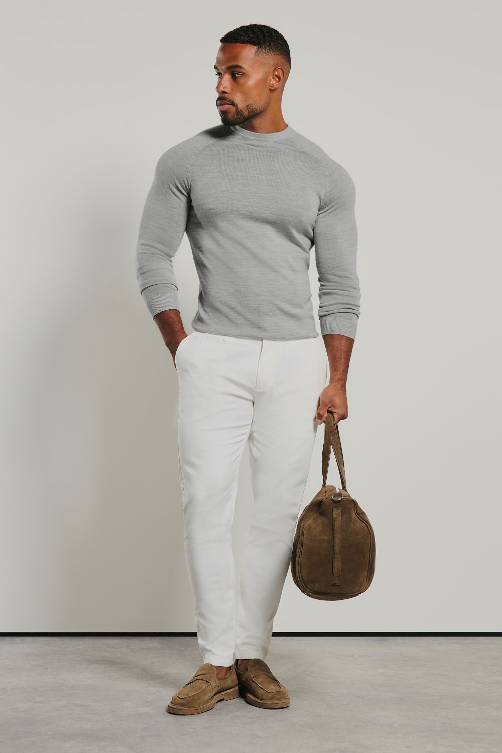 Extra Fine Merino Wool Crew Neck Jumper in Silver Grey Marl