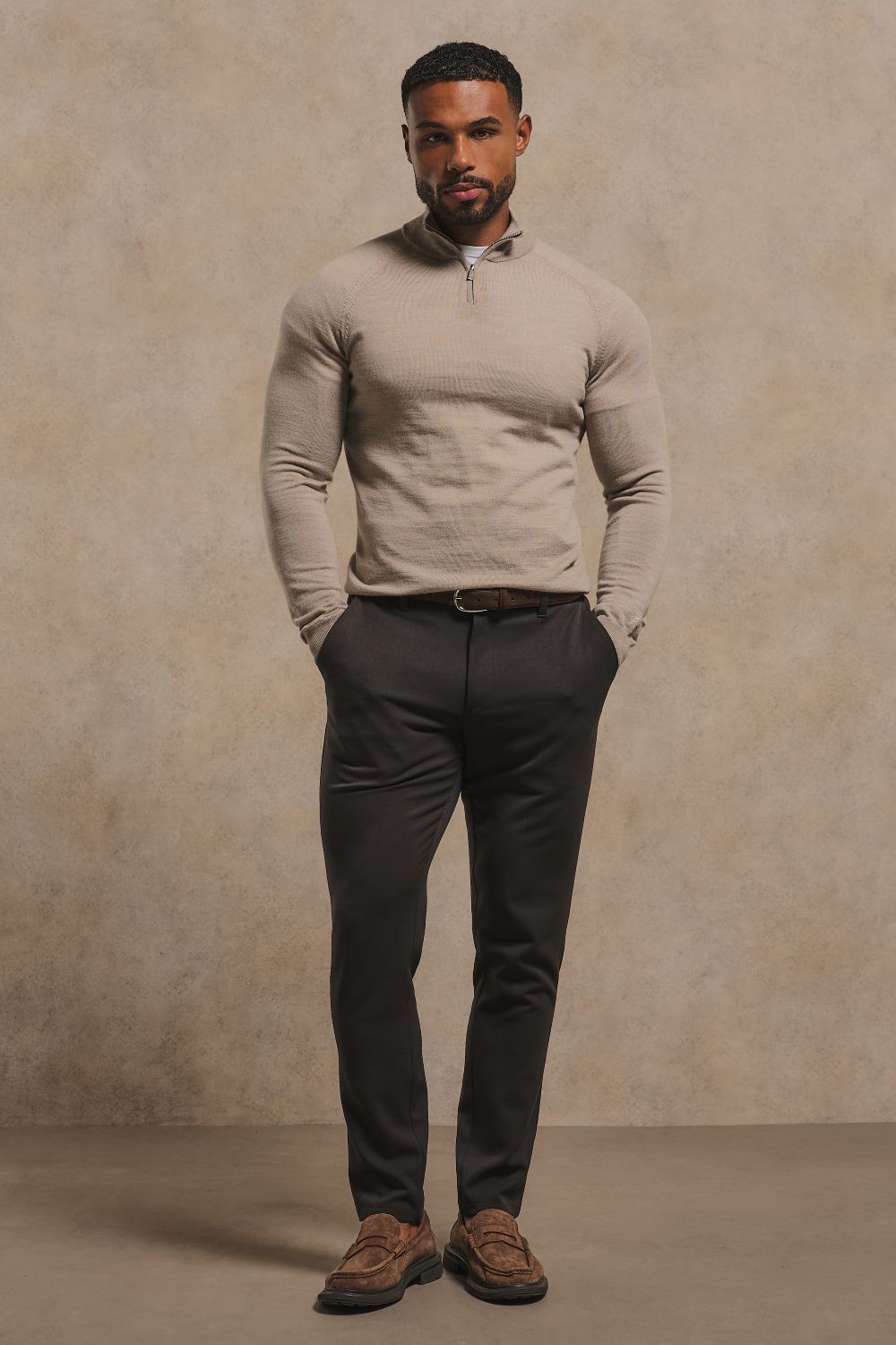 Extra Fine Merino Wool Half Zip Neck Jumper in Neutral Marl