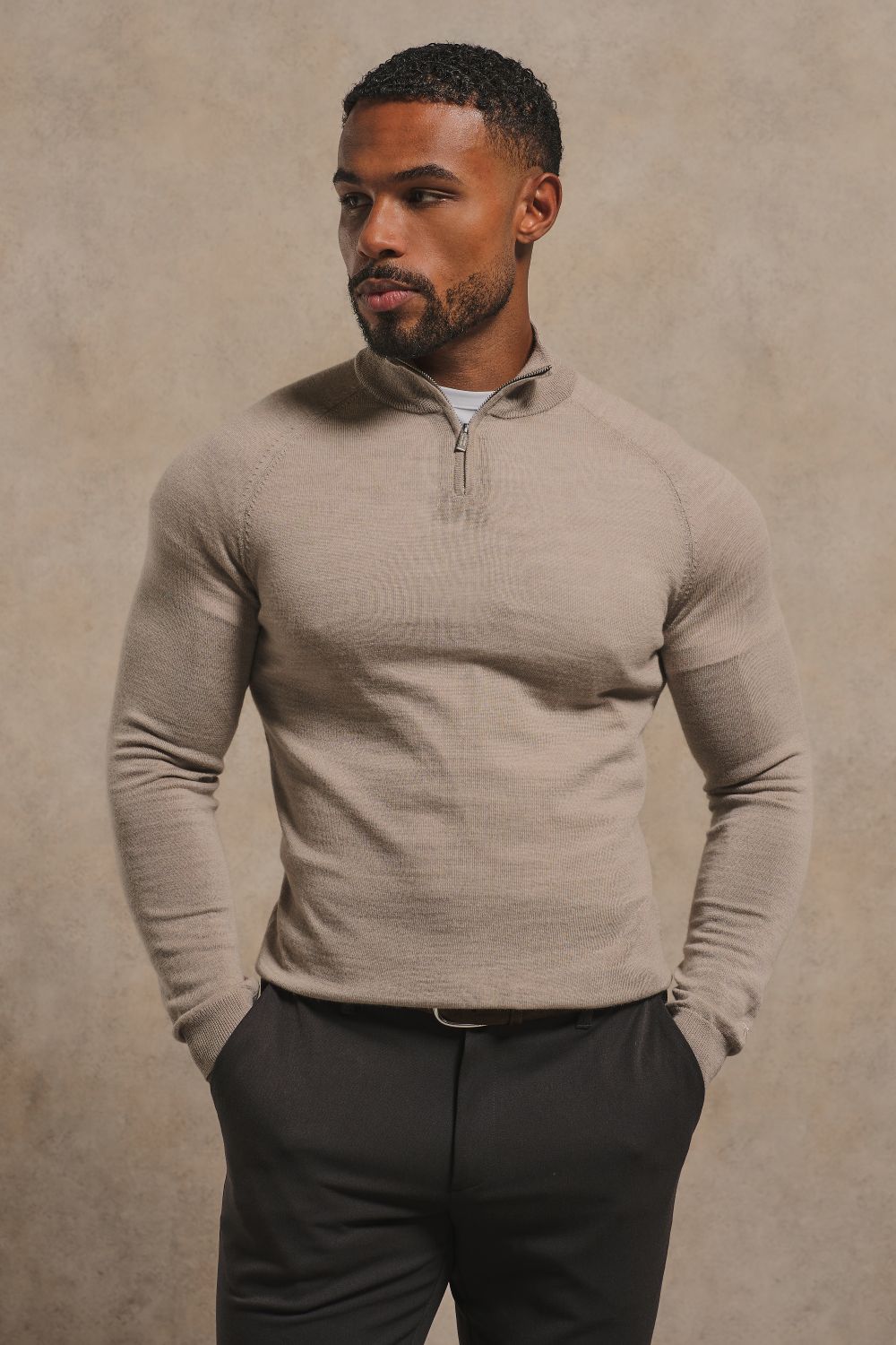 Extra Fine Merino Wool Half Zip Neck Jumper in Neutral Marl