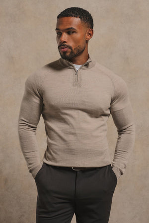 Extra Fine Merino Wool Half Zip Neck Jumper in Neutral Marl