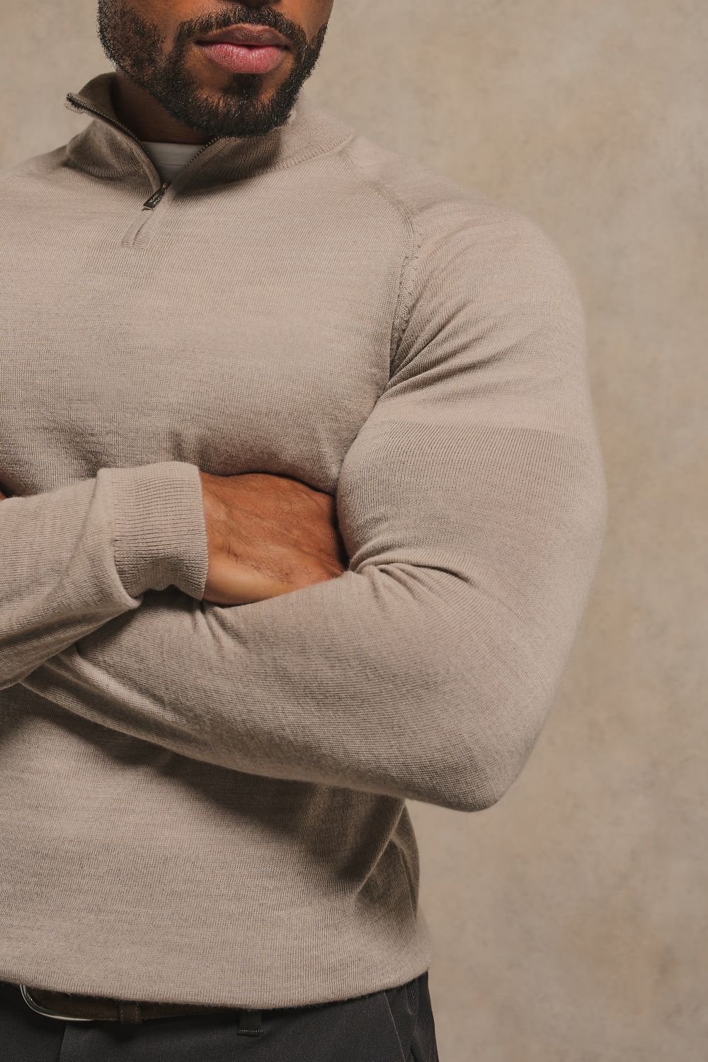 Extra Fine Merino Wool Half Zip Neck Jumper in Neutral Marl