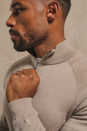 Extra Fine Merino Wool Half Zip Neck Jumper in Neutral Marl