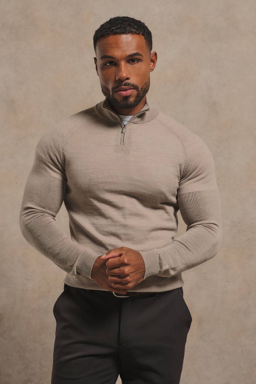 Extra Fine Merino Wool Half Zip Neck Jumper in Neutral Marl