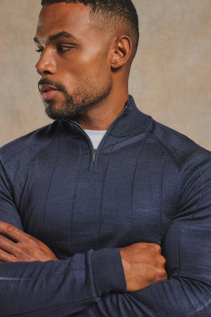 Extra Fine Merino Wool Ribbed Half Zip Neck Jumper in Midnight Navy