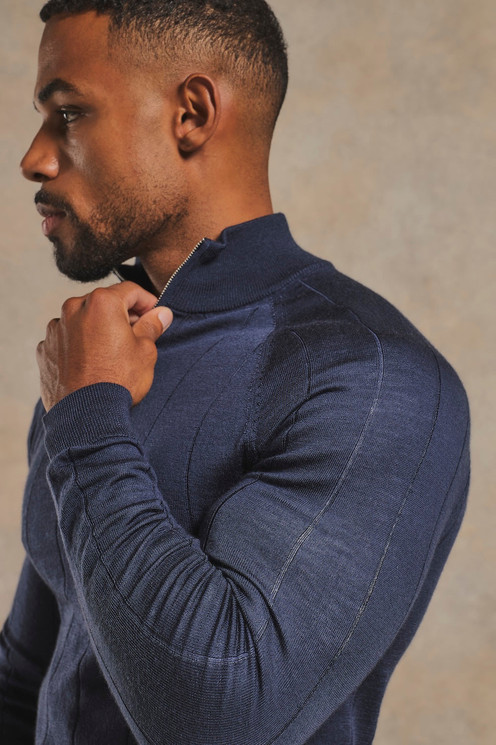 Extra Fine Merino Wool Ribbed Half Zip Neck Jumper in Midnight Navy