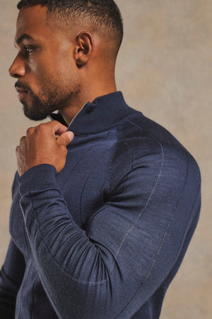 Extra Fine Merino Wool Ribbed Half Zip Neck Jumper in Midnight Navy