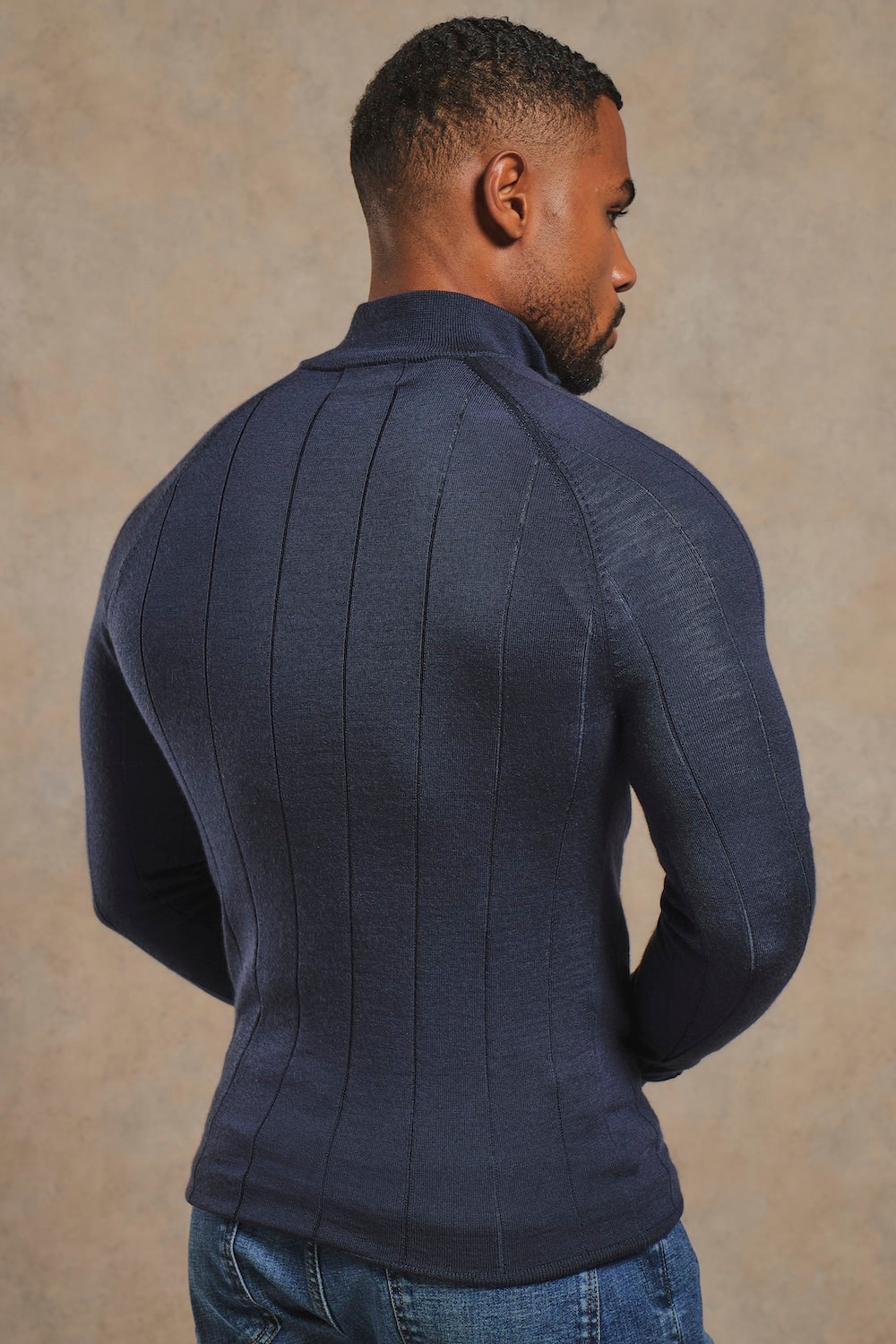 Extra Fine Merino Wool Ribbed Half Zip Neck Jumper in Midnight Navy