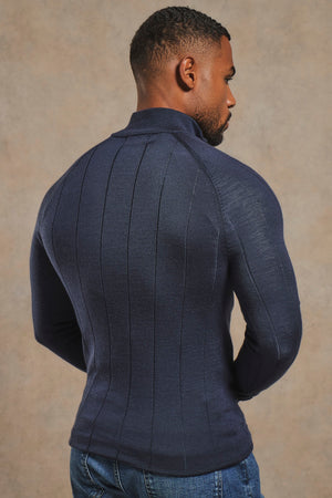 Extra Fine Merino Wool Ribbed Half Zip Neck Jumper in Midnight Navy