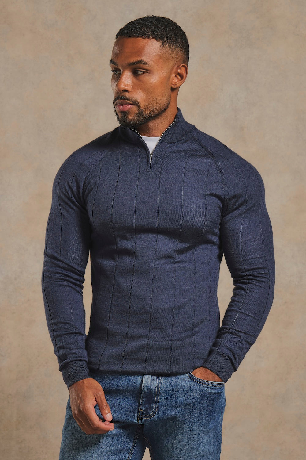 Extra Fine Merino Wool Ribbed Half Zip Neck Jumper in Midnight Navy