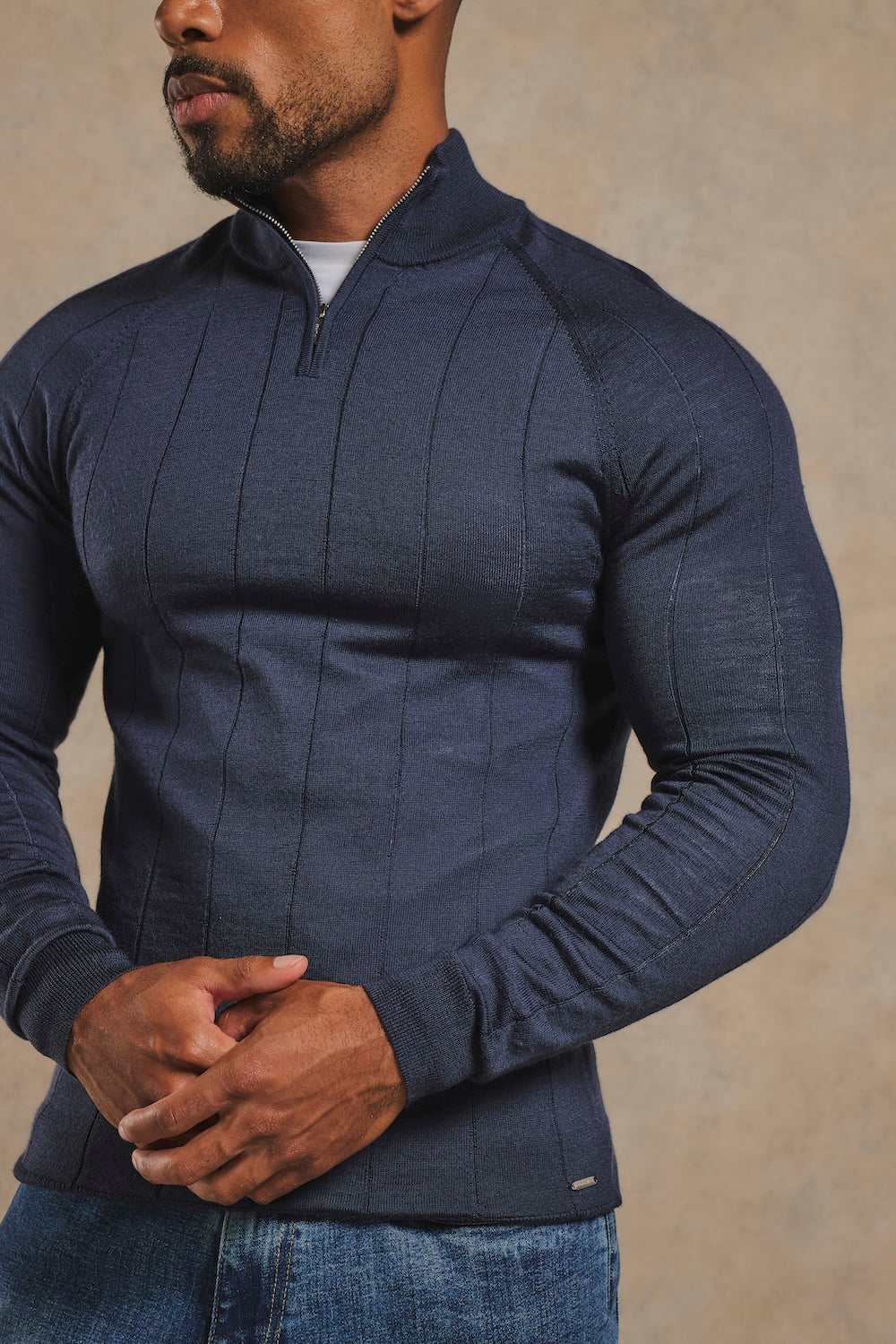 Extra Fine Merino Wool Ribbed Half Zip Neck Jumper in Midnight Navy