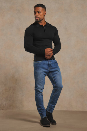 Extra Fine Merino Wool Polo Shirt in Black
