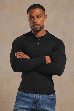 Extra Fine Merino Wool Polo Shirt in Black