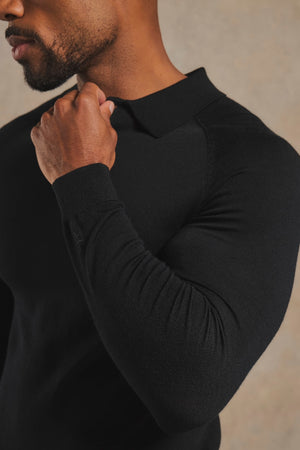 Extra Fine Merino Wool Polo Shirt in Black