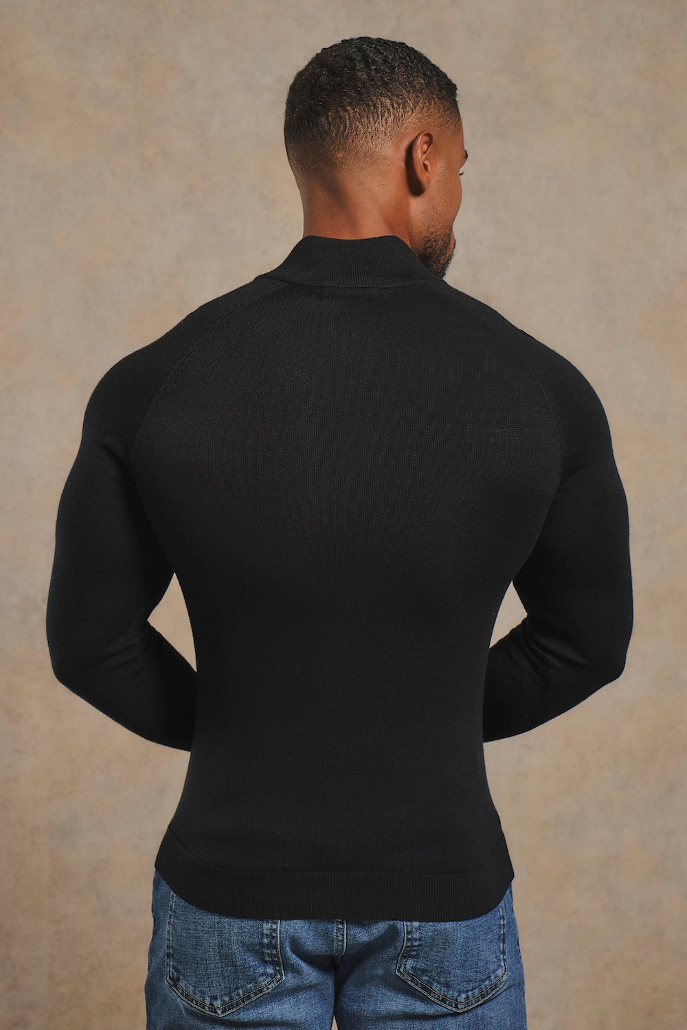 Extra Fine Merino Wool Half Zip Neck Jumper in Black