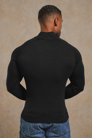 Extra Fine Merino Wool Half Zip Neck Jumper in Black
