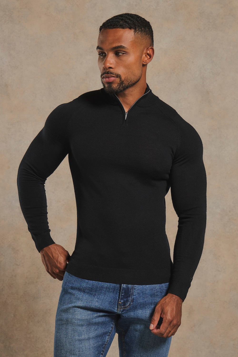 Extra Fine Merino Wool Half Zip Neck Jumper in Black