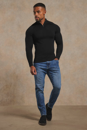 Extra Fine Merino Wool Half Zip Neck Jumper in Black