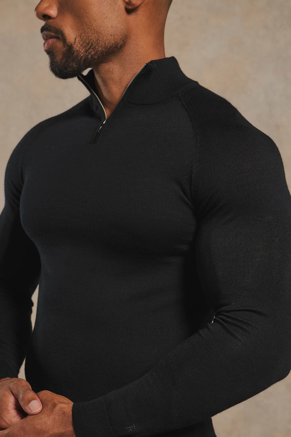 Extra Fine Merino Wool Half Zip Neck Jumper in Black