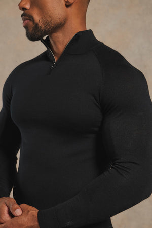 Extra Fine Merino Wool Half Zip Neck Jumper in Black