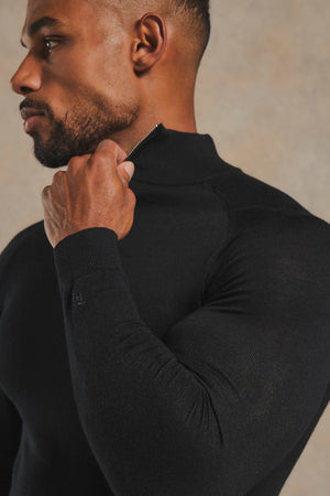 Extra Fine Merino Wool Half Zip Neck Jumper in Black