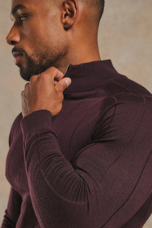 Extra Fine Merino Wool Ribbed Half Zip Neck Jumper in Dark Bordeaux